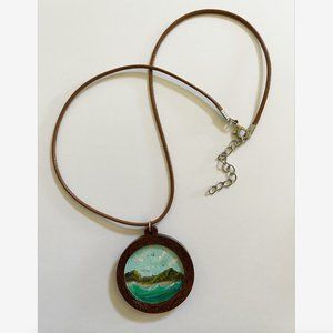 OCEAN WAVES Oil Painted Mini Necklace Handmade ONE OF A KIND Gift Art